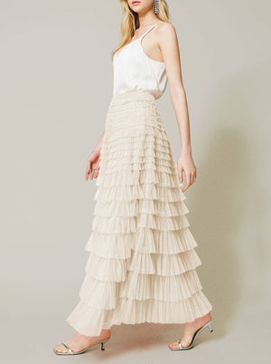 Elastic waist ruffle tulle maxi skirt-Blue Hand Home