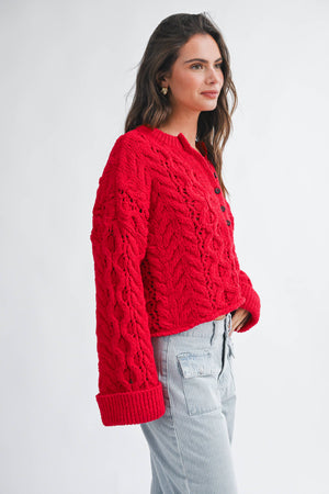 3463hk Textured Cropped Henley Knit Sweater