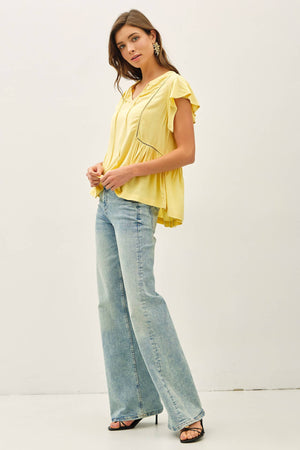 TIE FRONT RUFFLE SLEEVE TOP-Blue Hand Home