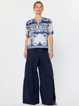 Embroidered Short Puff Sleeve Blouse-Blue Hand Home