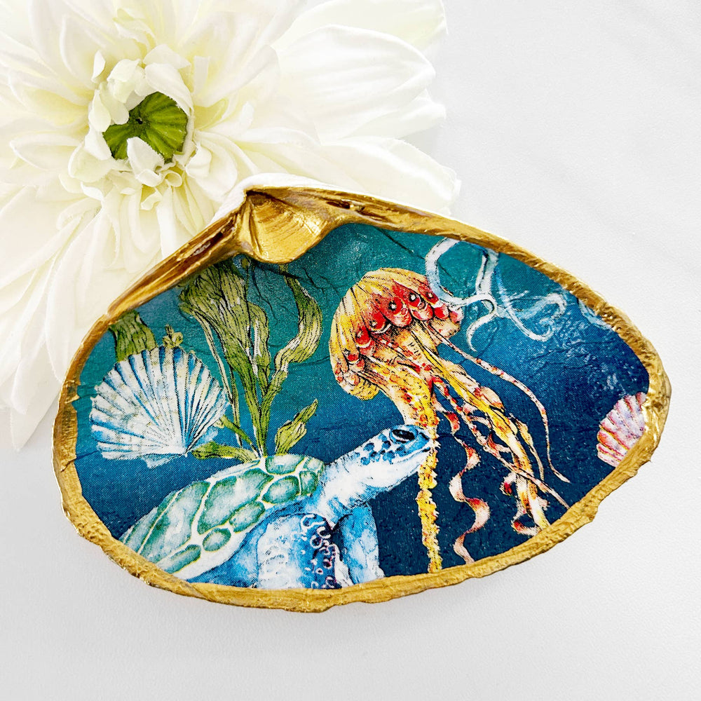Underwater Oceanic Decoupage Clam Shell Trinket Dish-Blue Hand Home