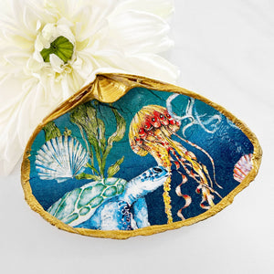Underwater Oceanic Decoupage Clam Shell Trinket Dish-Blue Hand Home