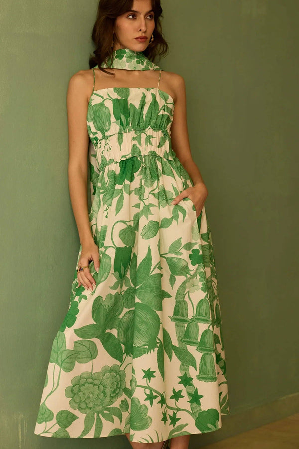Hibiscus Anaar Smocked Bodice Maxi Dress - Fern-Blue Hand Home
