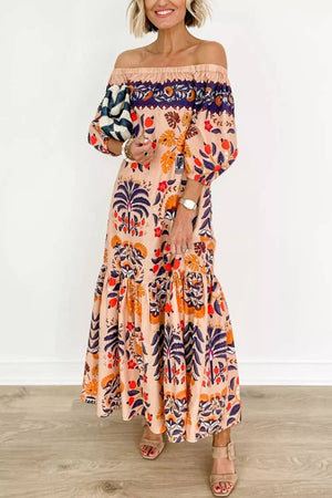Vintage Print One-Shoulder Baggy Dress-Blue Hand Home