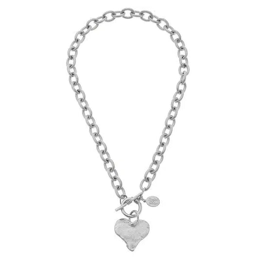 Handcast Silver Heart Front-Toggle Necklace-Blue Hand Home