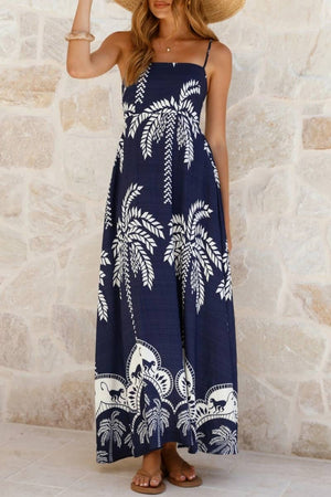 Tropical vacation palm print A-line strappy maxi dress-Blue Hand Home