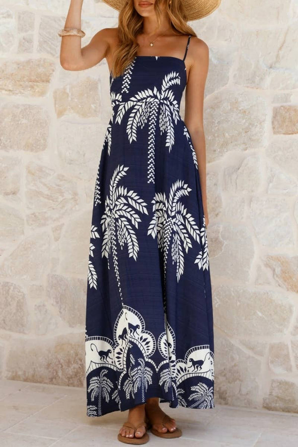 Tropical vacation palm print A-line strappy maxi dress-Blue Hand Home