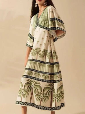 Exotic Tropical/ Floral Flair V-Neck Bell Sleeve Dress-Blue Hand Home