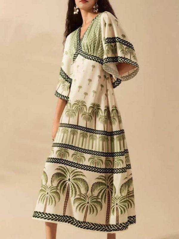 Exotic Tropical/ Floral Flair V-Neck Bell Sleeve Dress-Blue Hand Home