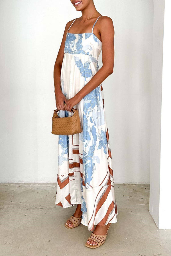 2025 Tropical botanical Floral thin strap flare swing dress-Blue Hand Home