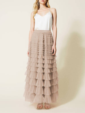 Elastic waist ruffle tulle maxi skirt-Blue Hand Home