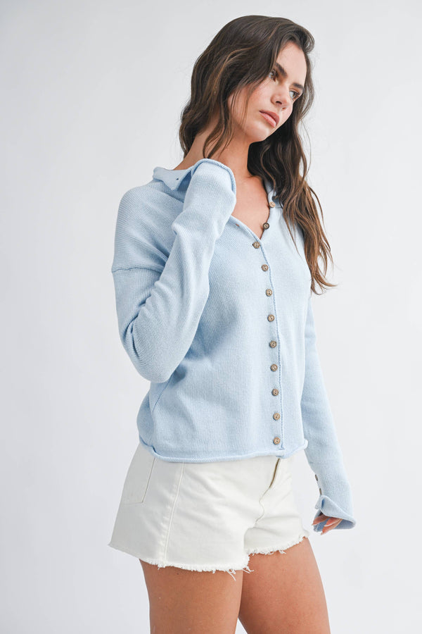 5221HK Button Front Cropped Knit Cardigan-Blue Hand Home
