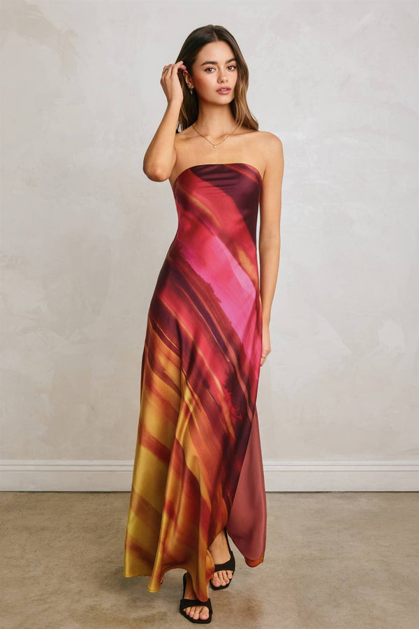 Watercolor Stripe Satin Strapless Bias Cut Maxi Dress-Blue Hand Home