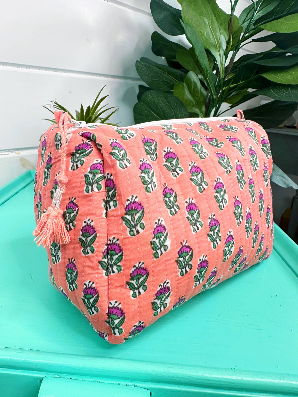 Quilted Makeup Bags | Cosmetics Toiletry Bag | Coral Floral-Blue Hand Home
