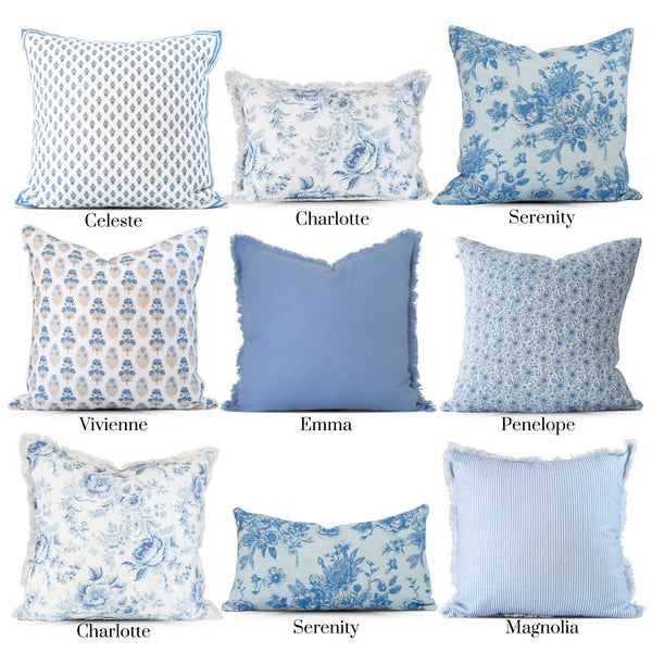 Serenity Toile de Jouy Roses Pillow Cover –Sky Blue, Vintage-Blue Hand Home
