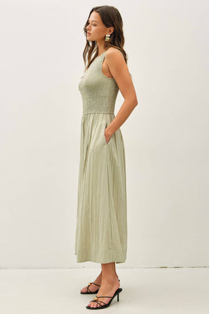 Smocked Bodice Boatneck Tank Midi Dress-Blue Hand Home