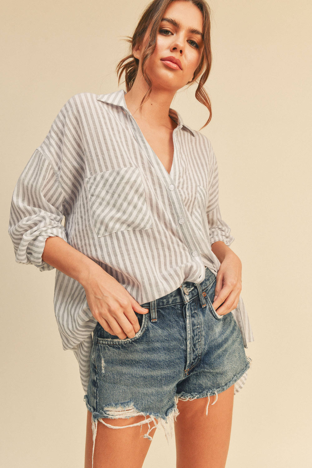 Mmt549 Striped Button Down Shirts-Blue Hand Home