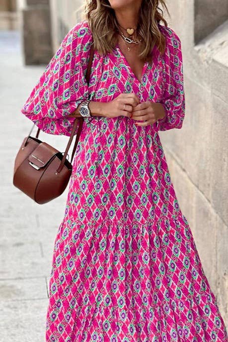 Bohemia Floral Balloon Sleeves loose flare swing dress-Blue Hand Home
