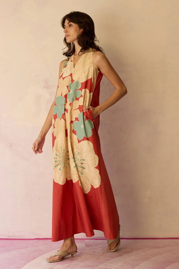 Hibiscus Anaar Soft Drape Maxi Dress - Coral-Blue Hand Home