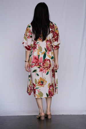 Romantic Garden Midi Dress - Red-Mustard