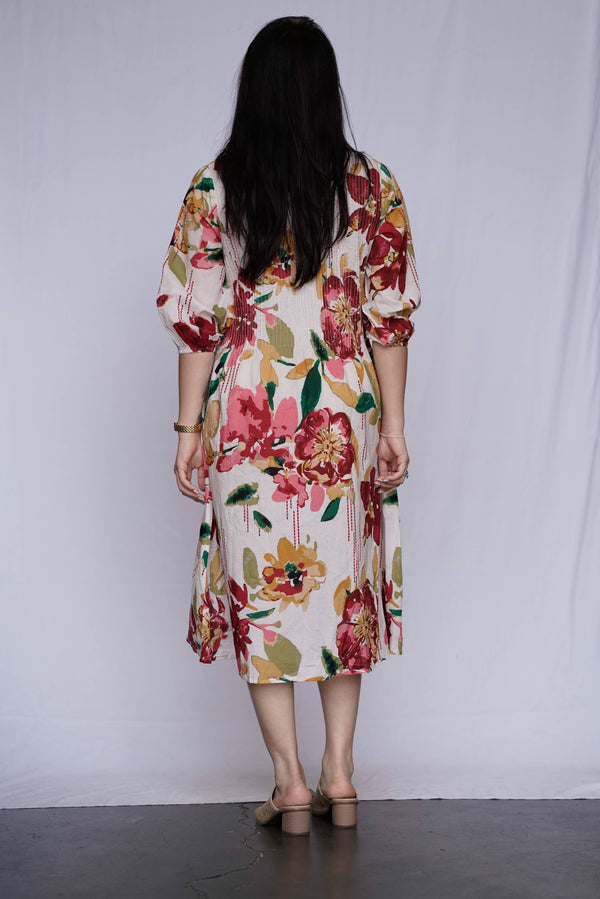 Romantic Garden Midi Dress - Red-Mustard
