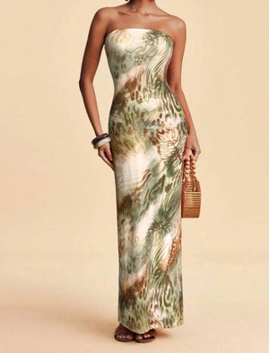 Tropical Floral Print Strapless Maxi Dress Tube Dress-Blue Hand Home