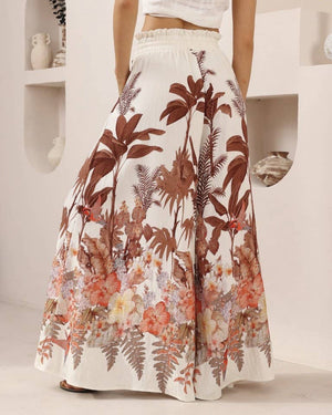Casual Tropical Floral Print Wide-Leg Pants-Blue Hand Home