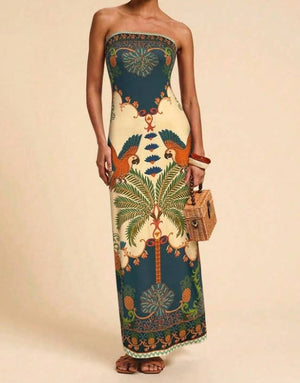 Tropical Floral Print Strapless Maxi Dress Tube Dress-Blue Hand Home