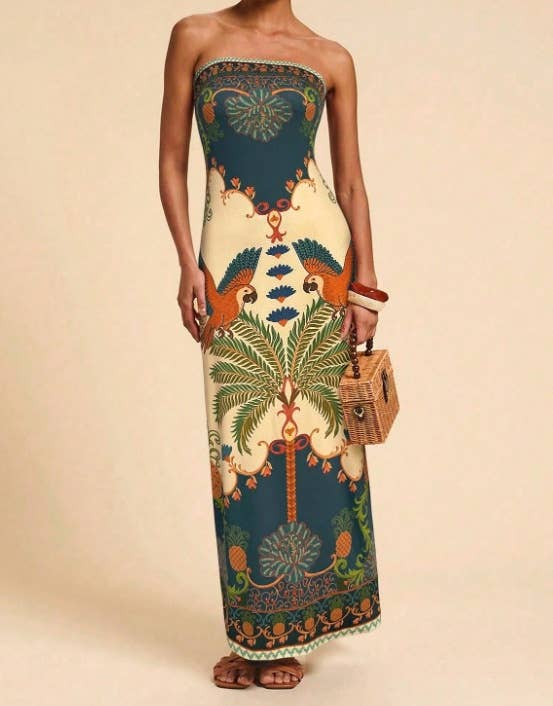 Tropical Floral Print Strapless Maxi Dress Tube Dress-Blue Hand Home