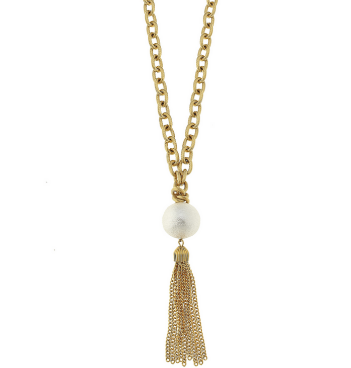 32" of Gold Chain with White Cotton Pearl and Tassel-Blue Hand Home