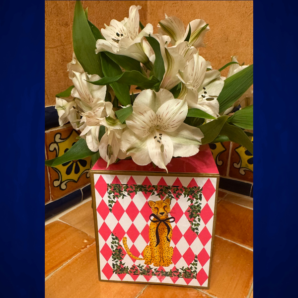 Paper Mache Kleenex Box with leopard w/ blk bow and flowers-Blue Hand Home