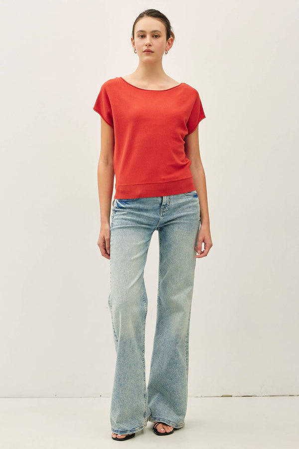Boat Neck Cap Sleeve Fine Sweater Top