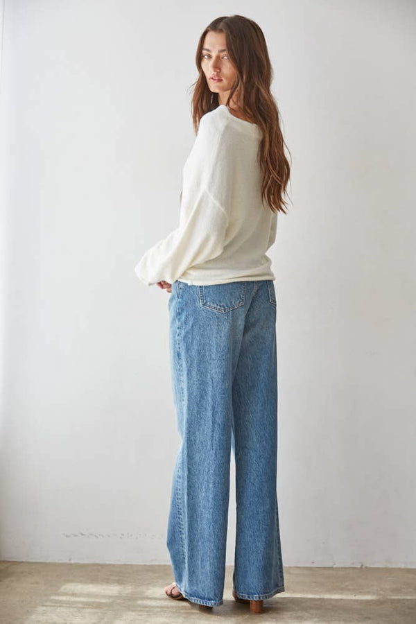 W1542 | Knit Sweater Boat Neck Long Sleeve Pullover Top