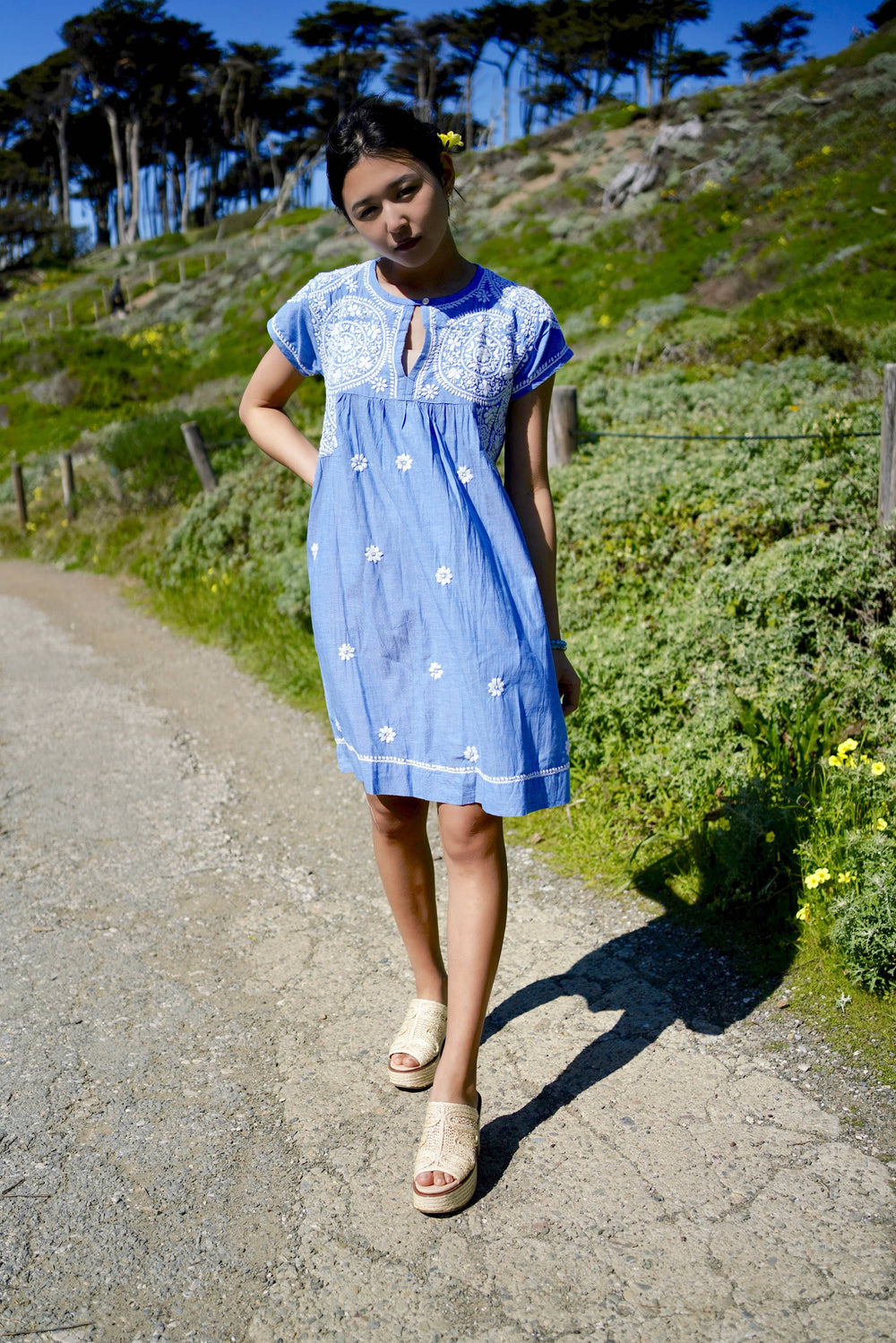 Ava Emb. Tunic Dress Chambray Denim Blue-Blue Hand Home