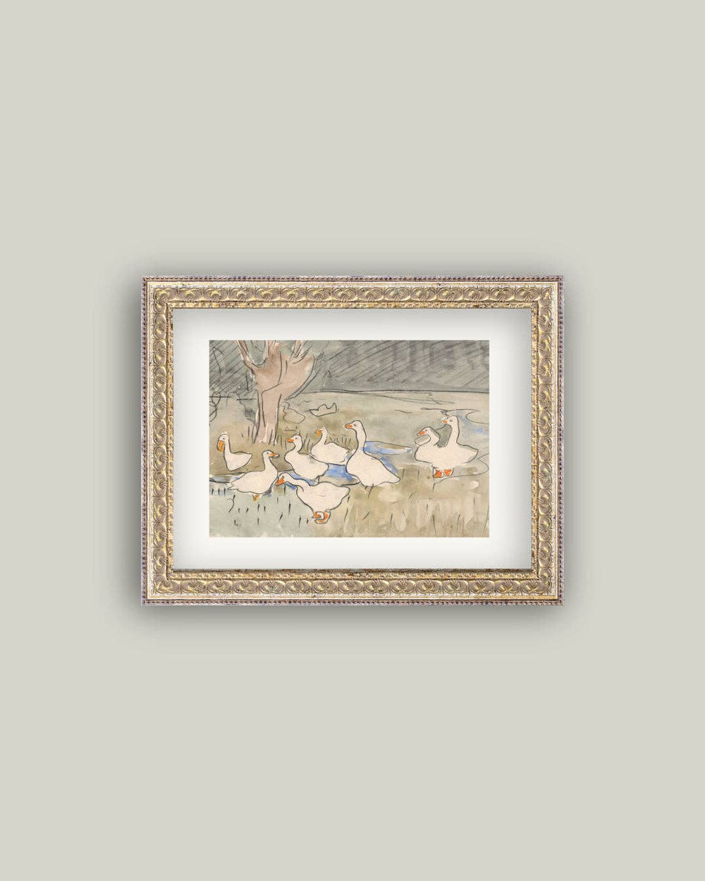 Spring Geese Framed Antique Art-Blue Hand Home
