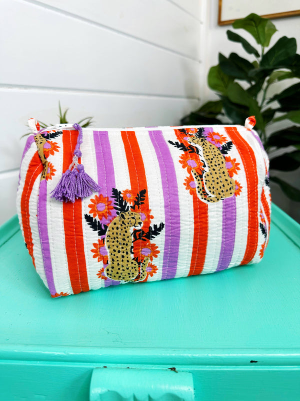 Striped Jaguar Quilted Cosmetics Bag – Handmade, Travel Bag-Blue Hand Home