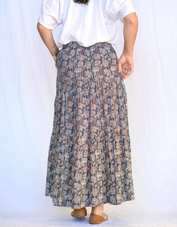 Block Printed Tiered Cotton Skirt- Indigo -Blue Hand Home