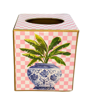 Paper Mache Kleenex Box with chinoiserie vase and dragonfly-Blue Hand Home