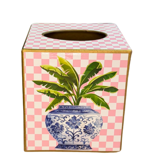 Paper Mache Kleenex Box with chinoiserie vase and dragonfly-Blue Hand Home