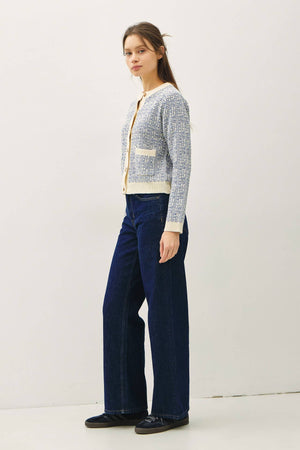 TWEED KNIT CREWNECK CARDIGAN-Blue Hand Home