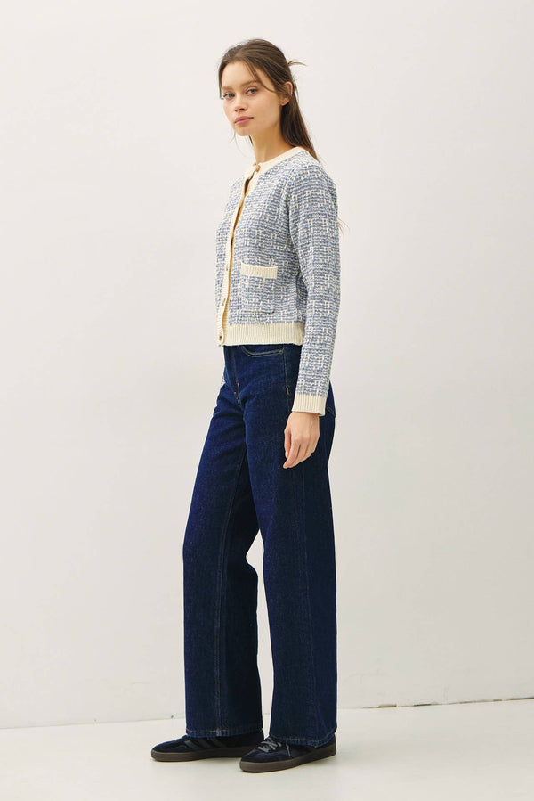 TWEED KNIT CREWNECK CARDIGAN-Blue Hand Home