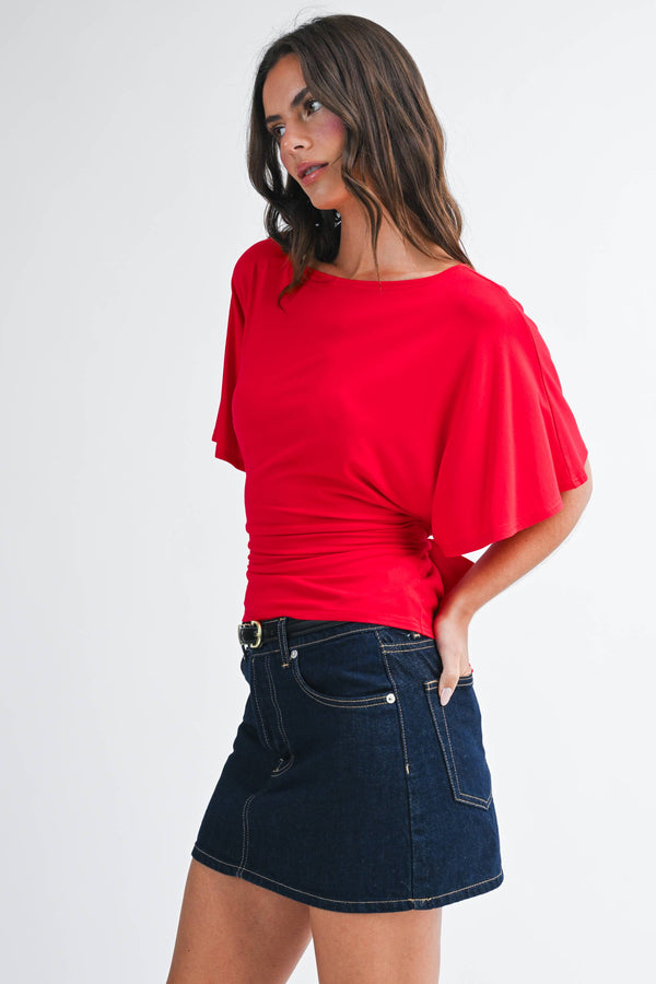8654hk Draped Short Sleeve Back Tie Top Tee