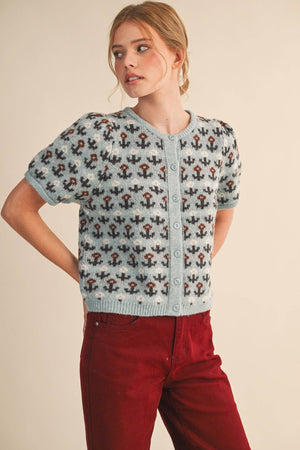 FLORAL SHORT SLEEVE SWEATER CARDIGAN MSW11259-Blue Hand Home