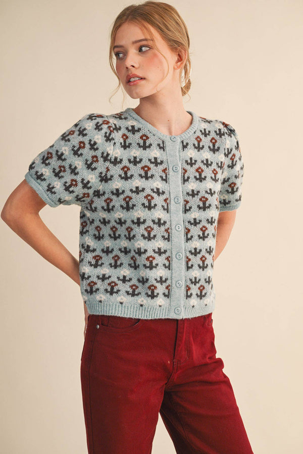 FLORAL SHORT SLEEVE SWEATER CARDIGAN MSW11259-Blue Hand Home