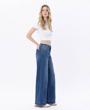 HIGH RISE TROUSER HEM WIDE LEG JEANS LV1753-Blue Hand Home