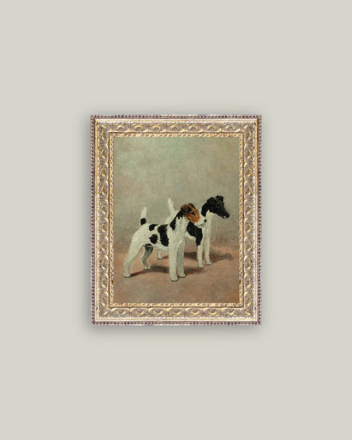 Two Fox Terriers Framed Antique Art-Blue Hand Home