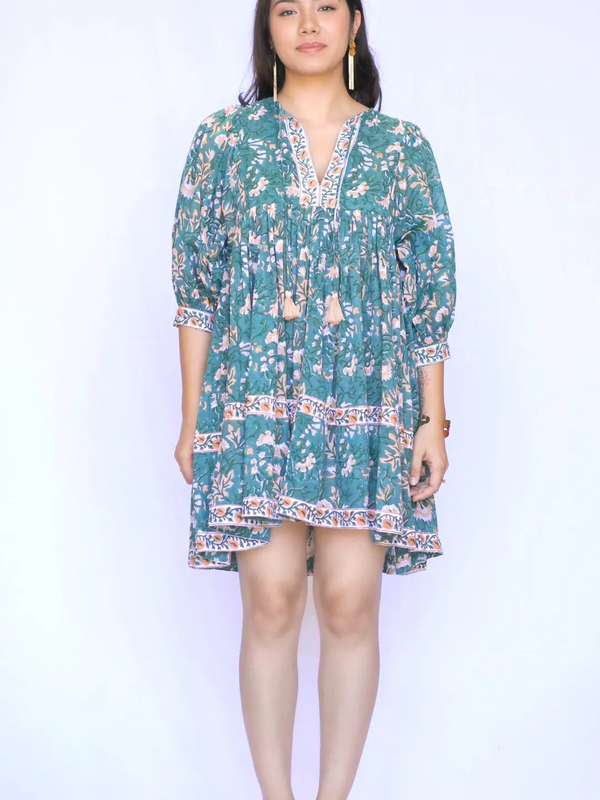 Raya Mini Dress Green-Beige-Blue Hand Home