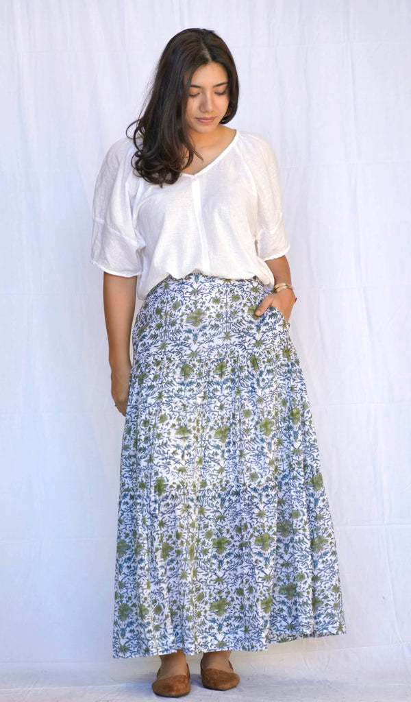 Block Printed Tiered Cotton Skirt-Teal Olive-Blue Hand Home
