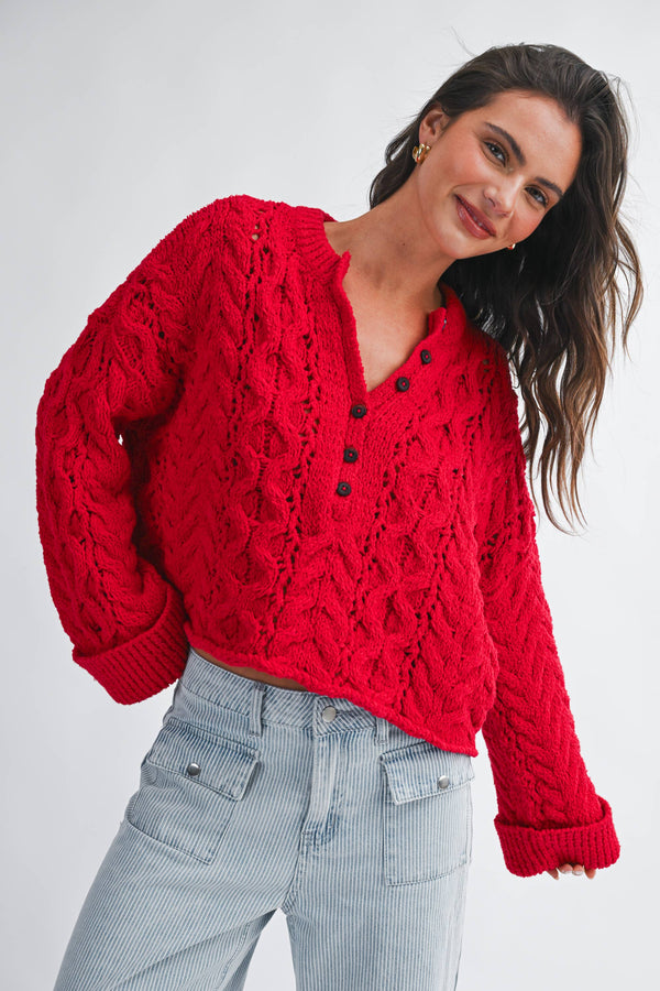 3463hk Textured Cropped Henley Knit Sweater