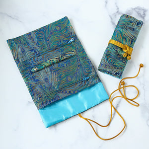 Peacock Feather Brocade Jewelry Rolls, Travel Jewelry Pouch-Blue Hand Home